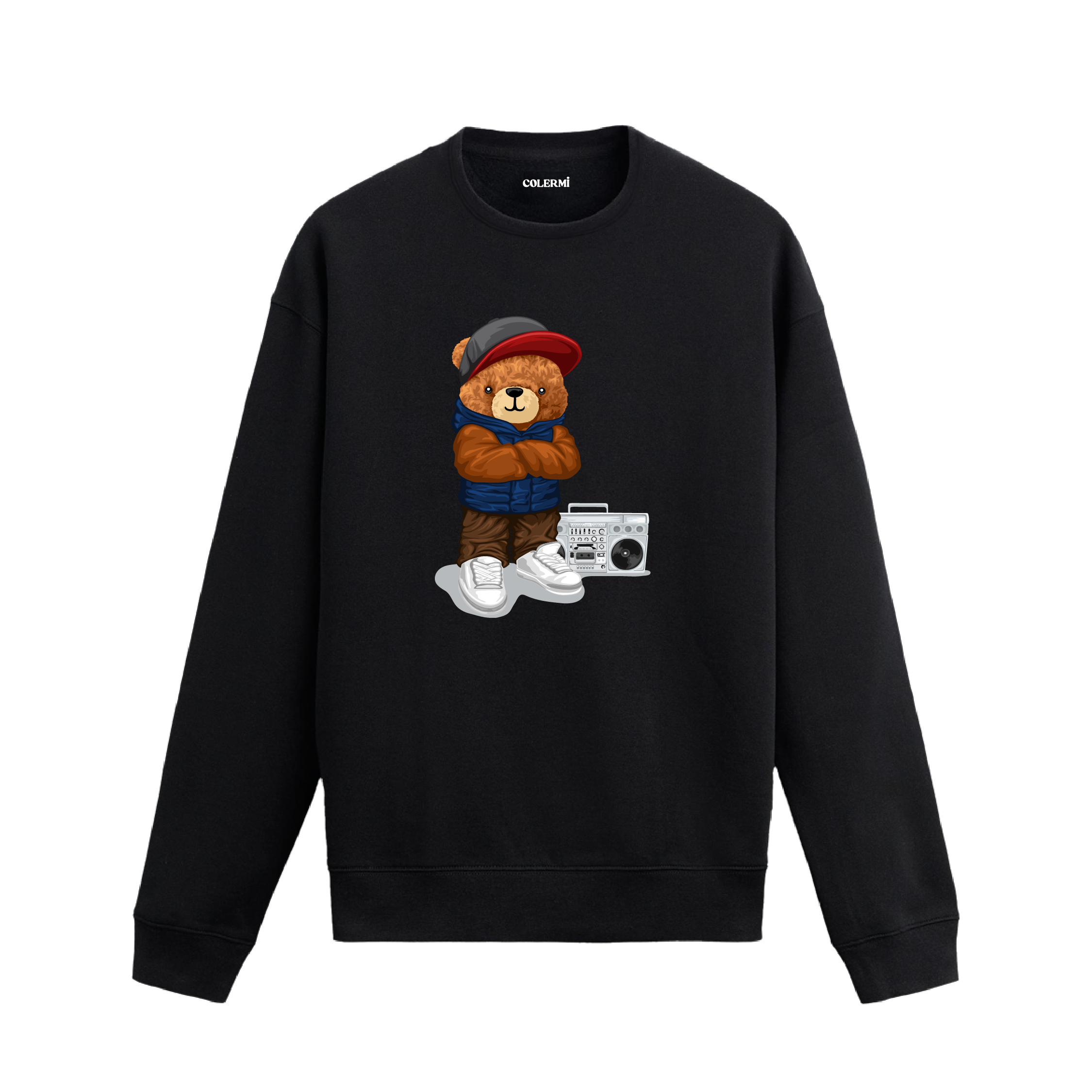 Boombox tasarımlı ayıcık baskılı sweatshirt, hip hop ruhunu ve pamuklu kumaş konforunu bir arada sunuyor.