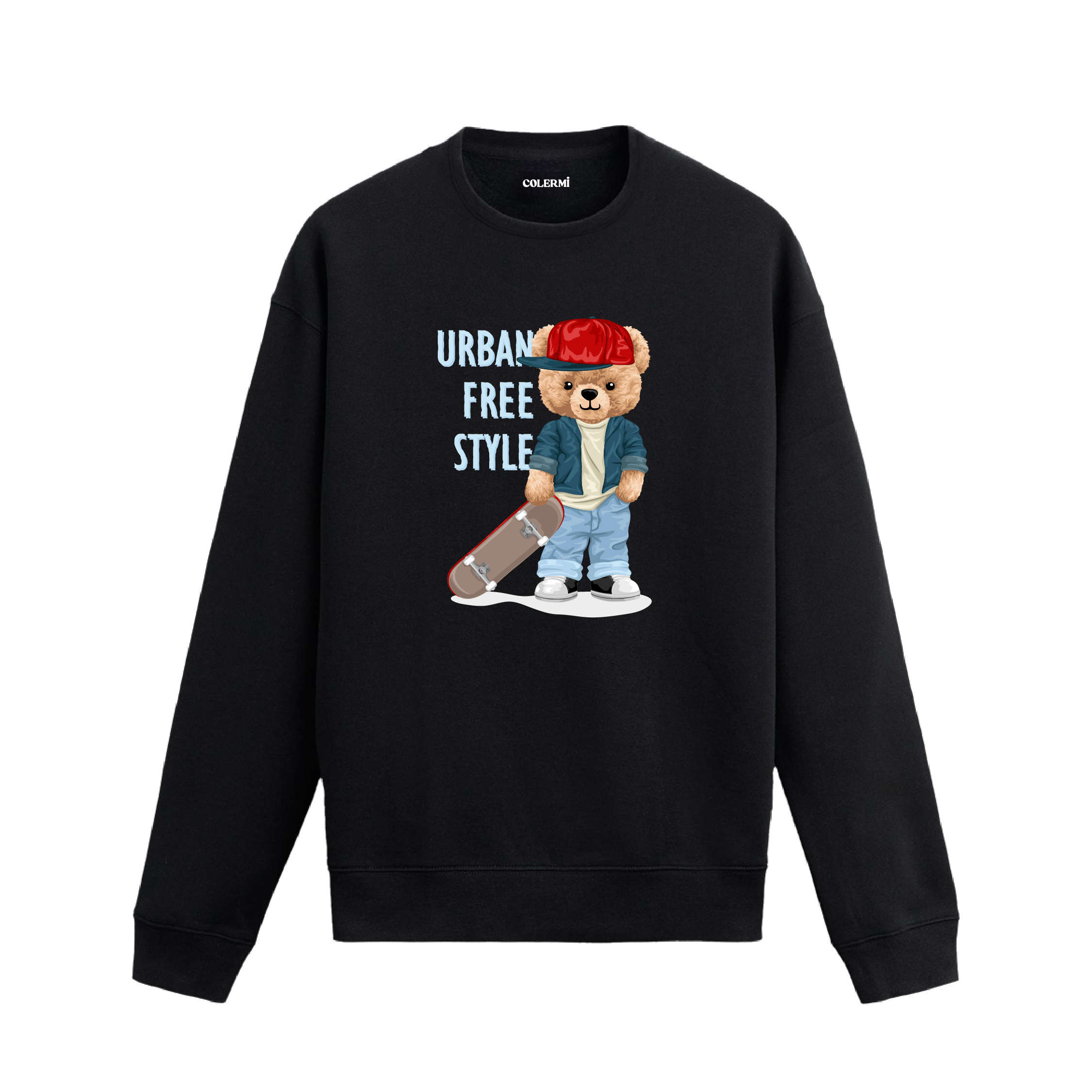 Urban Freestyle temalı ayıcık baskılı sweatshirt, kırmızı şapkalı ve kaykaylı tasarımıyla sokak modasına dinamik bir tarz katıyor.