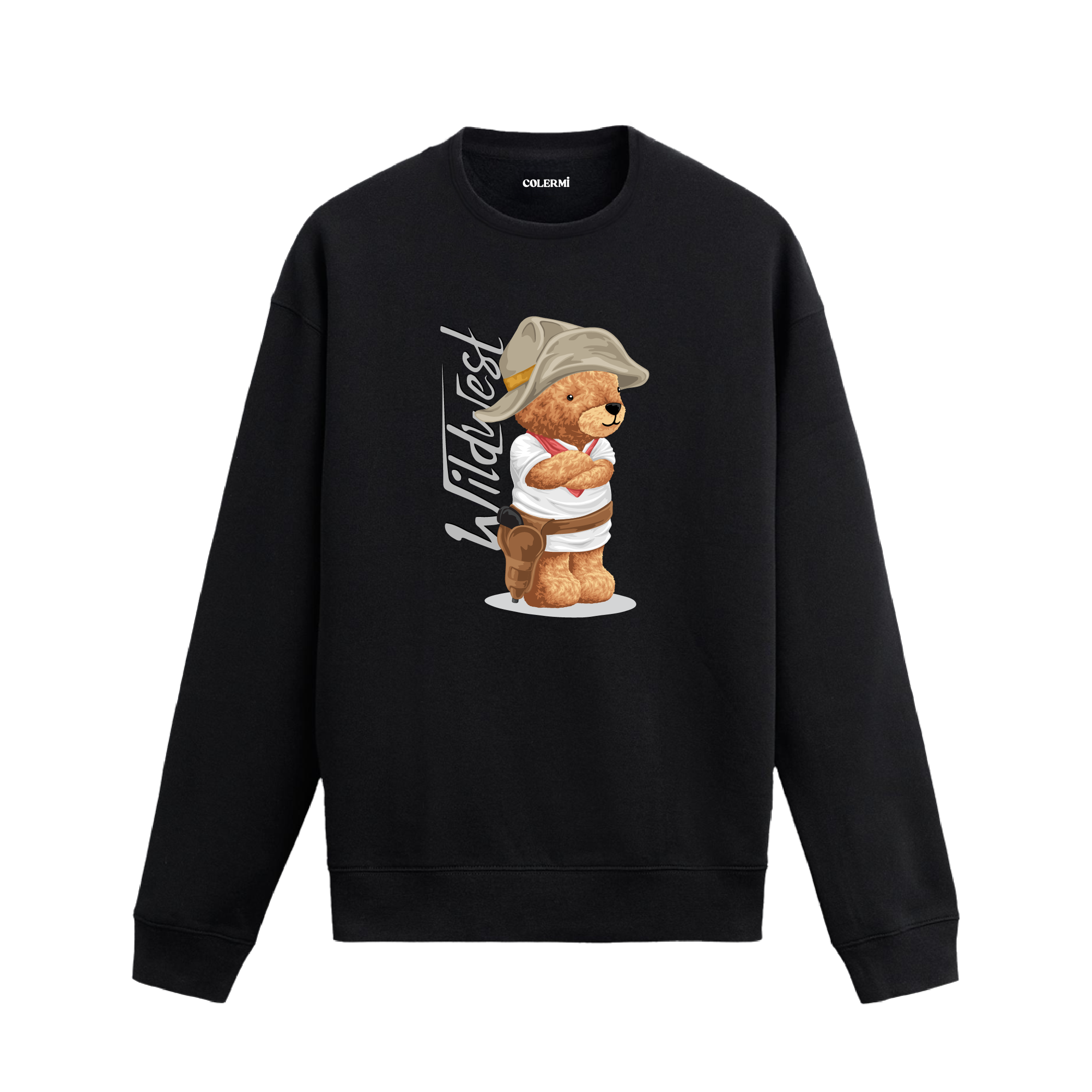 Wild West kovboy temalı ayıcık baskılı sweatshirt, pamuklu kumaşıyla nostaljik western ruhunu modern sokak stiline taşıyor.