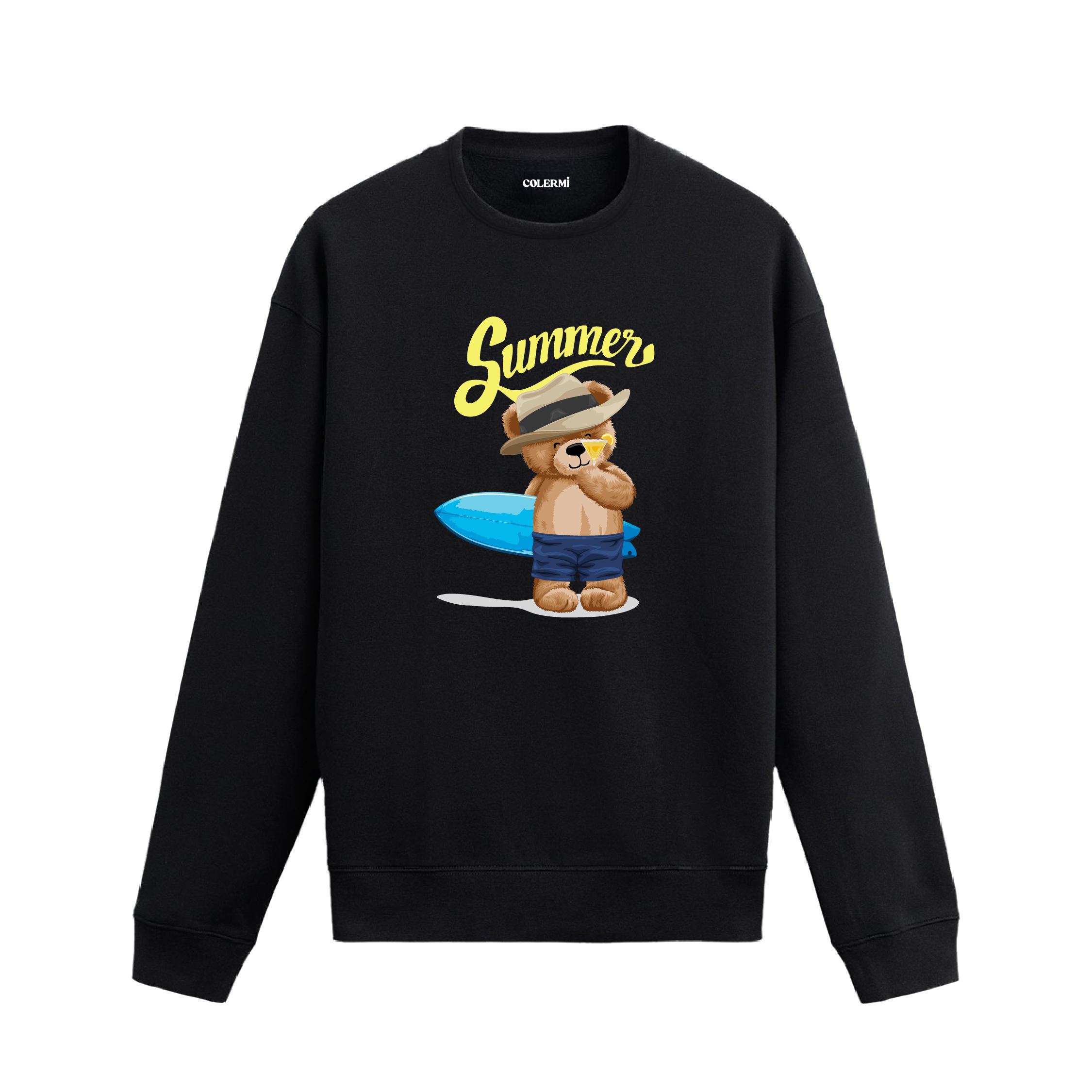 Sörf tahtasıyla yaz ruhunu yansıtan ayıcık baskılı sweatshirt.