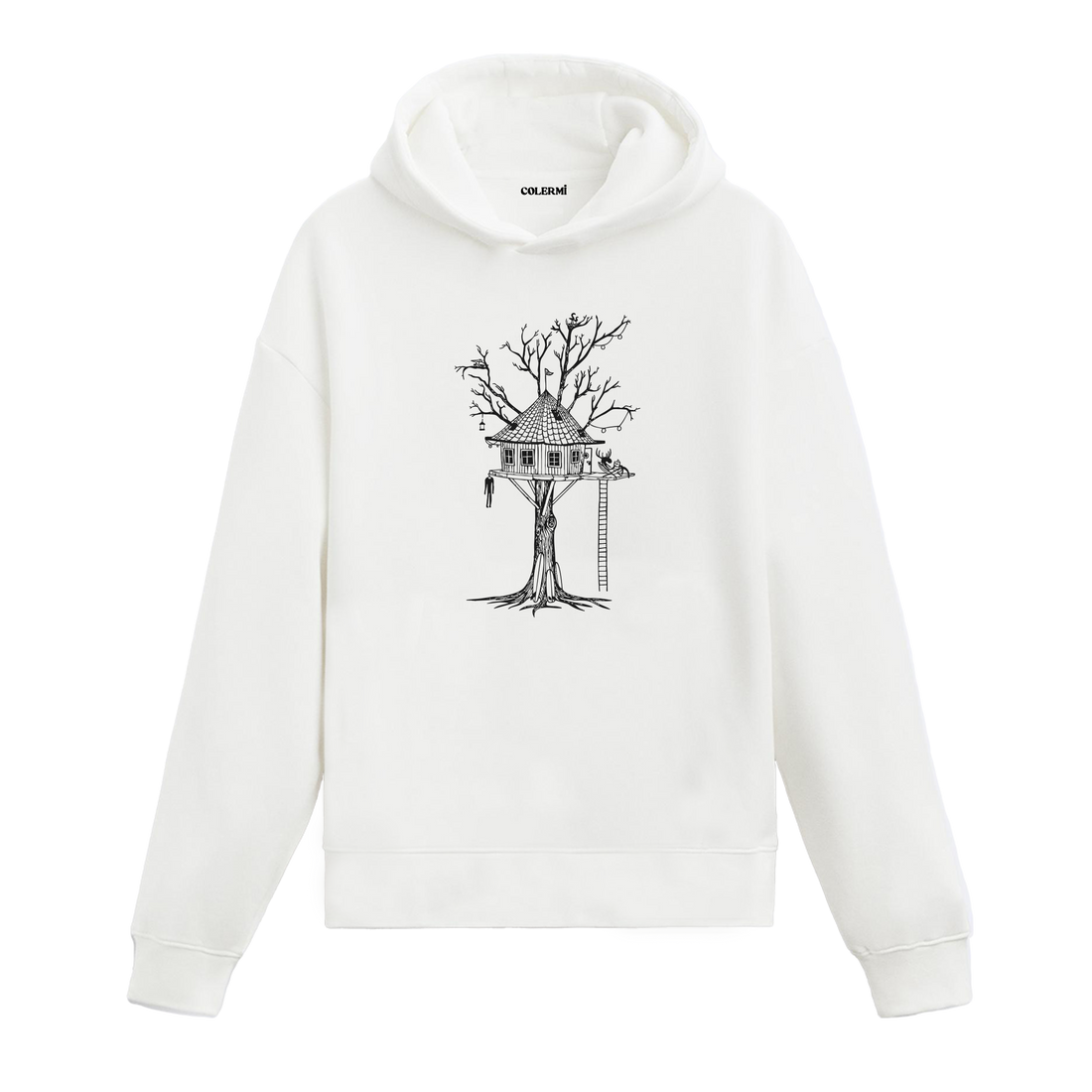 Colermi ağaç ev ve kitap okuyan geyik baskılı tasarım hoodie masalsı detaylarıyla sıcak tutan tasarım
