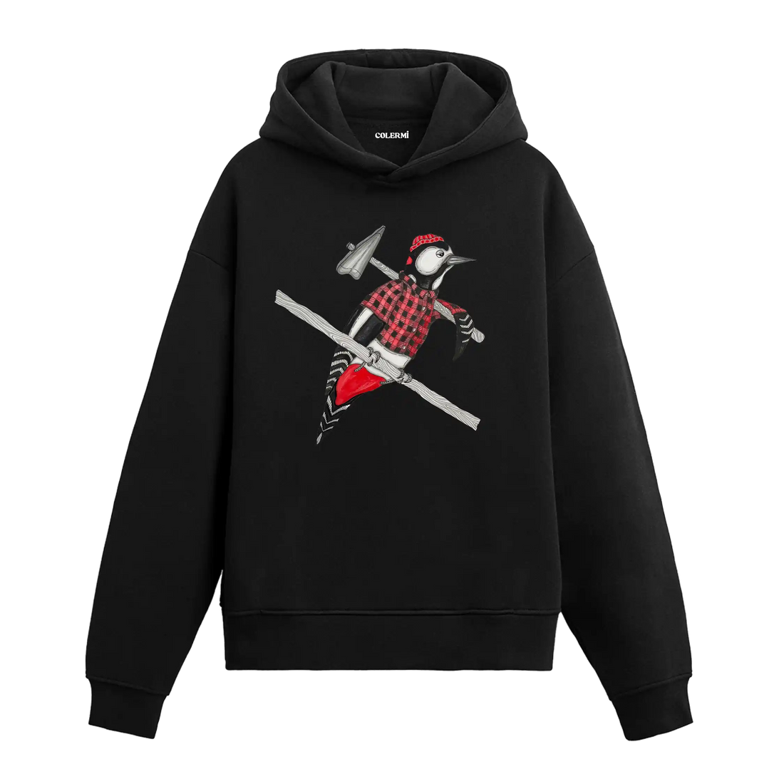 Oduncu gömlekli, balta taşıyan ağaçkakan figürlü siyah Colermi hoodie.