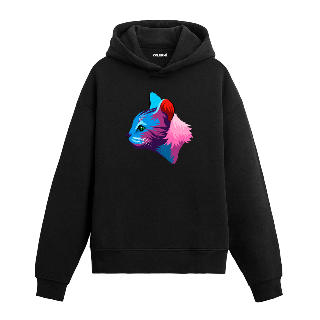 Siyah hoodie, Aria isimli yan profilden bakan renkli kedi baskısı, pamuklu unisex hoodie