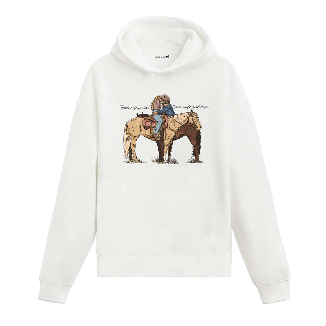 Aşık kovboylar ve at baskılı Colermi kapüşonlu hoodie, sıcak tutan western tarzı tasarım hoodie.