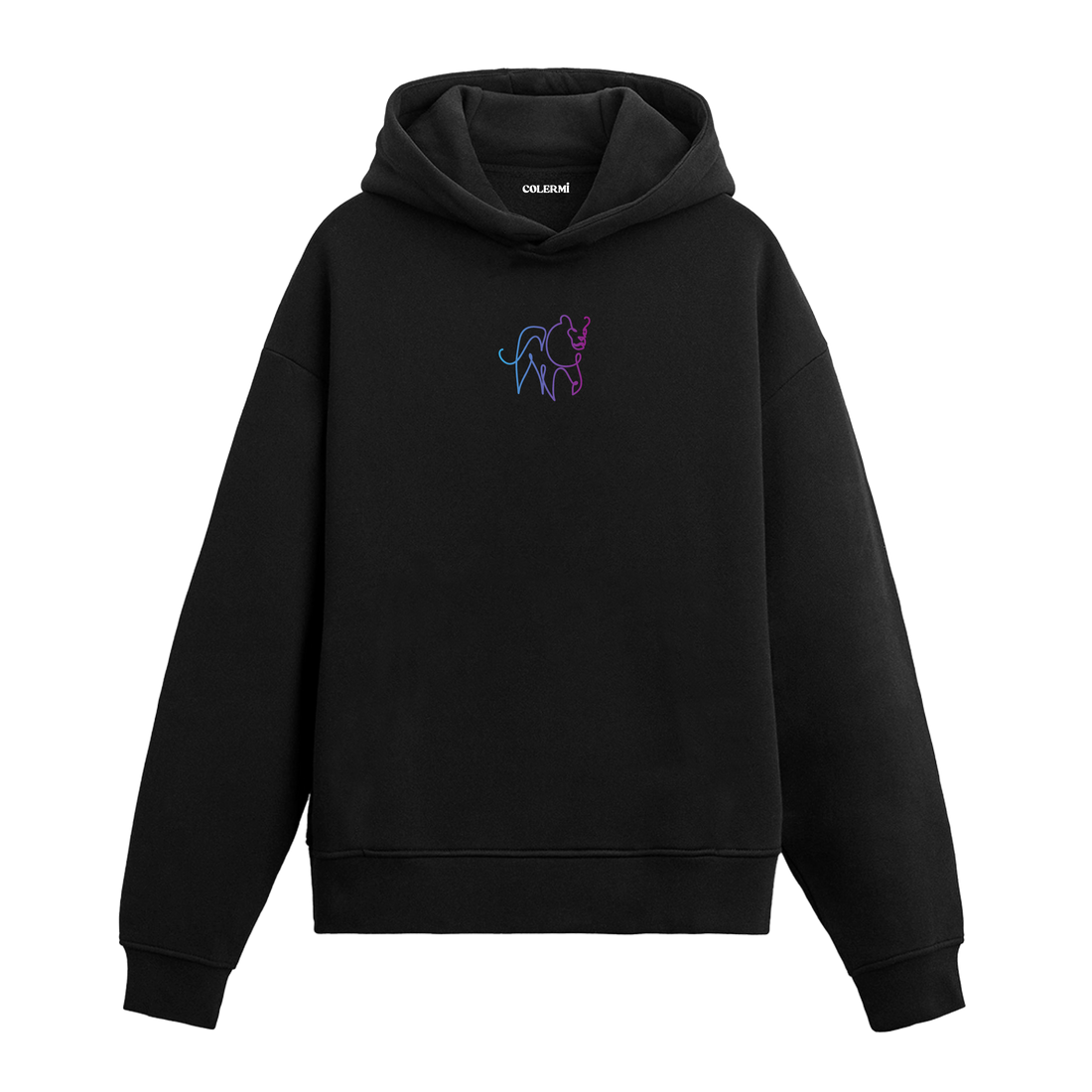 Siyah hoodie üzerinde aslan minimal baskısı