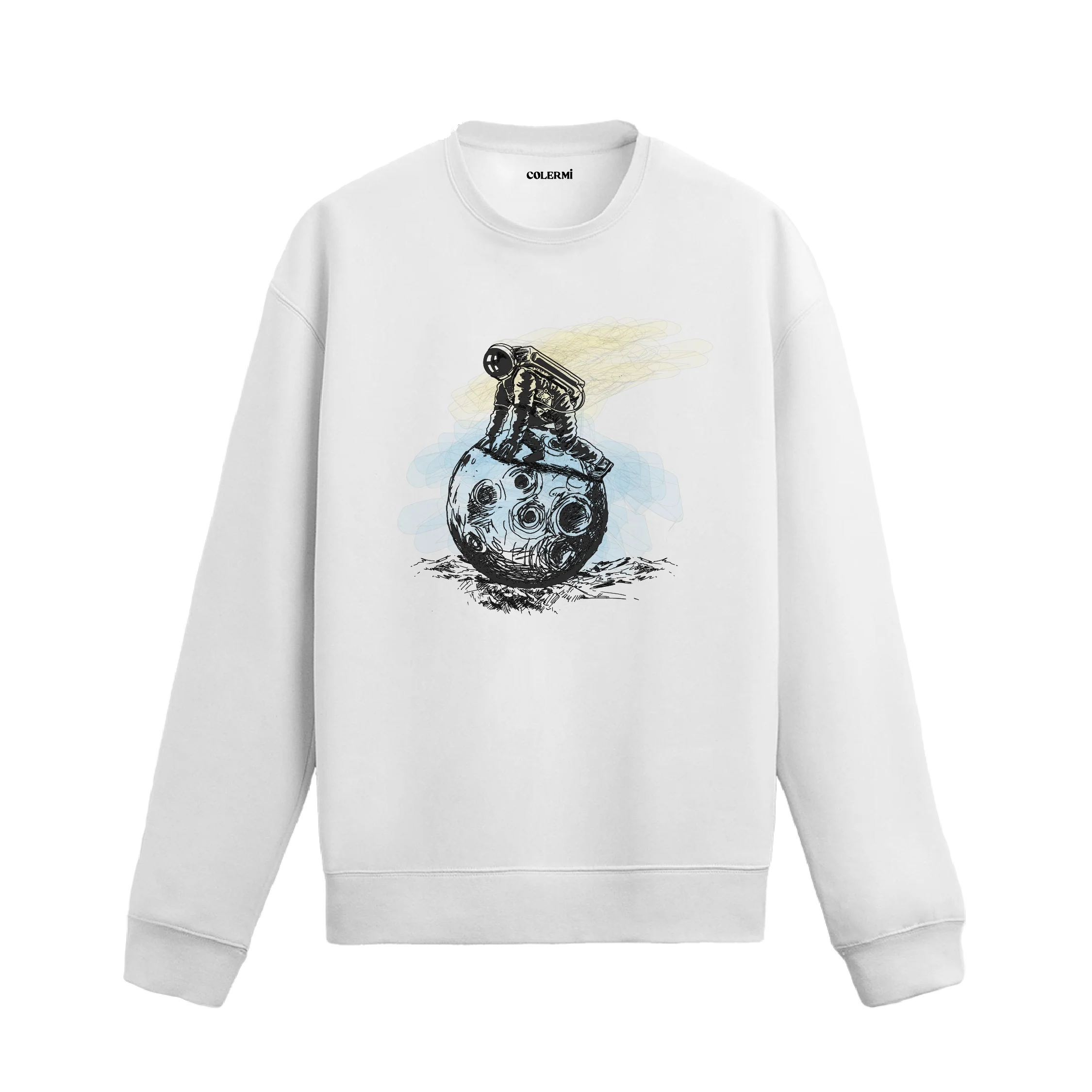 El çizimi tarzında astronotun gezegen üzerinde durduğu uzay temalı beyaz sweatshirt tasarımı