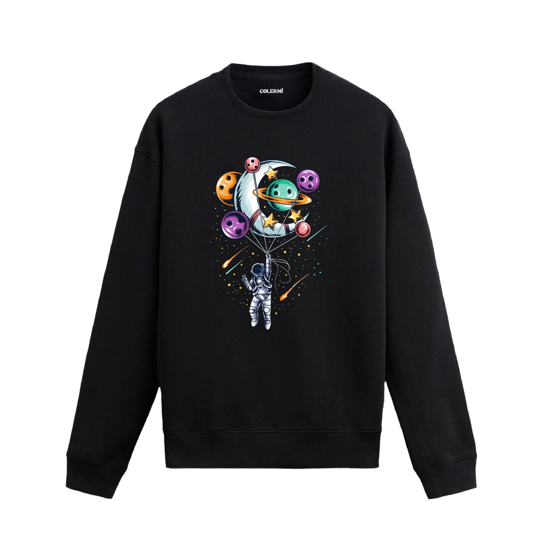 Gezegenlerden oluşan balonlarla uzayda yükselen astronot tasarımlı sweatshirt.