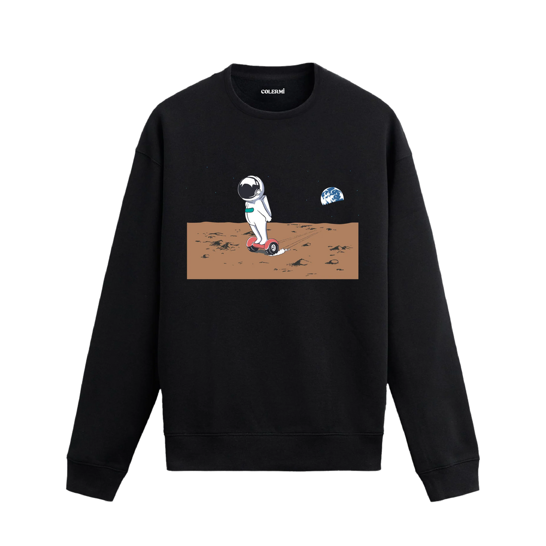 Hoverboard ile Ay yüzeyinde ilerleyen astronot tasarımlı sweatshirt