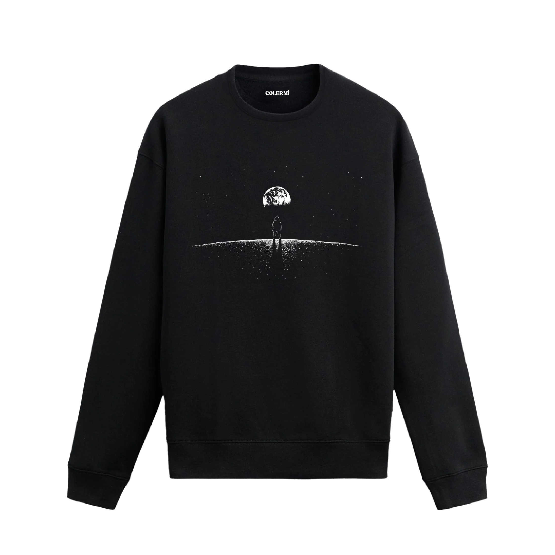 Ay yüzeyinde yalnız bir astronotun Dünya’yı izlediği uzay temalı siyah sweatshirt tasarımı.