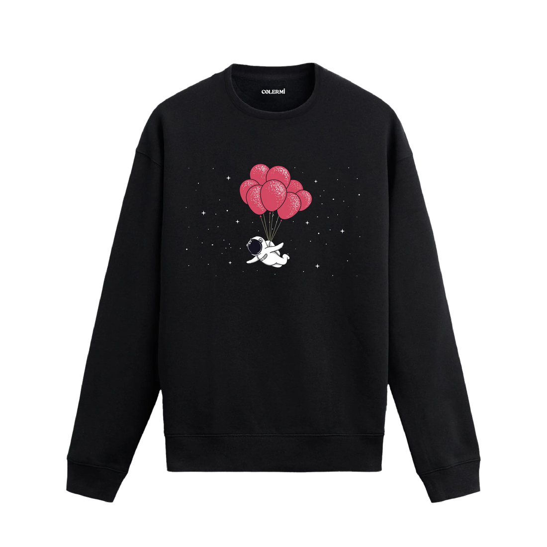 Uzayda balonlarla uçan astronot figürlü Colermi sweatshirt tasarımı
