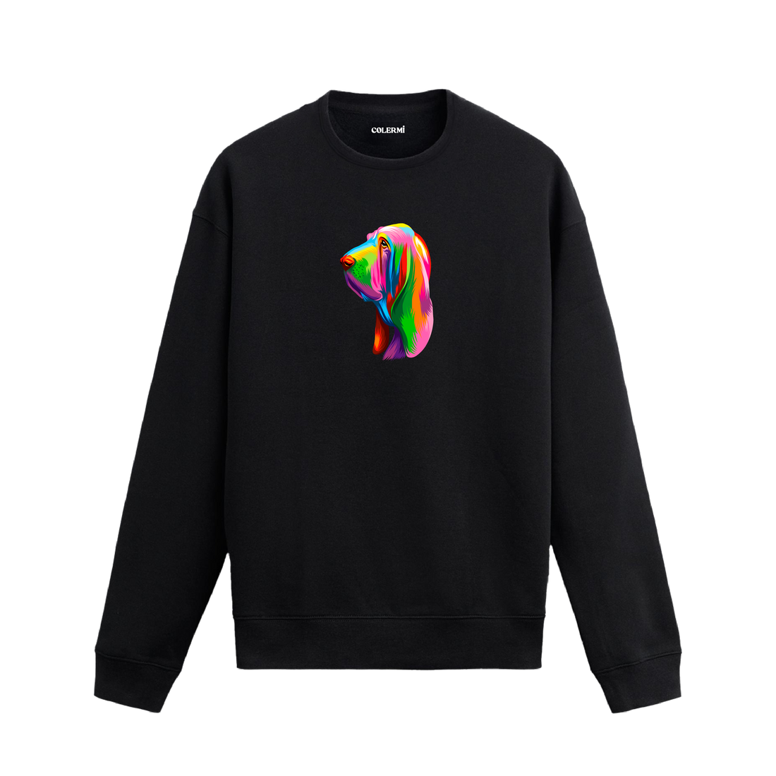 Siyah sweatshirt üzerinde renkli Bloodhound köpek baskısı