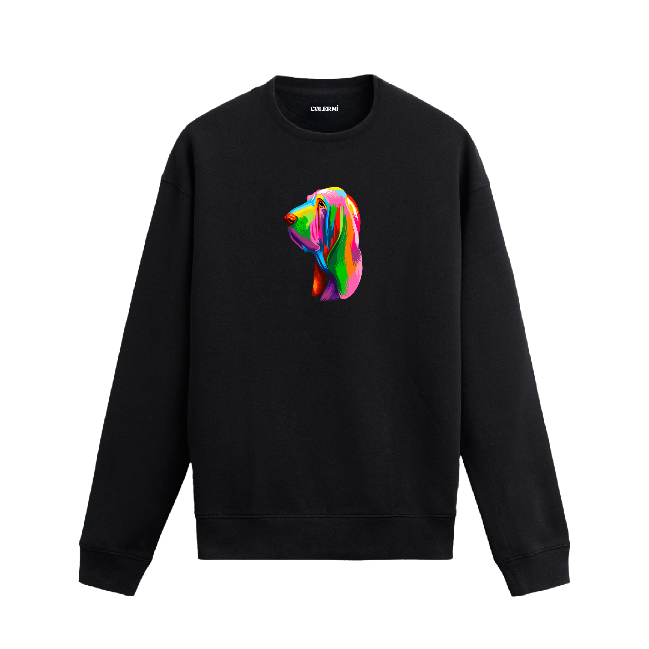 Siyah sweatshirt üzerinde renkli Bloodhound köpek baskısı