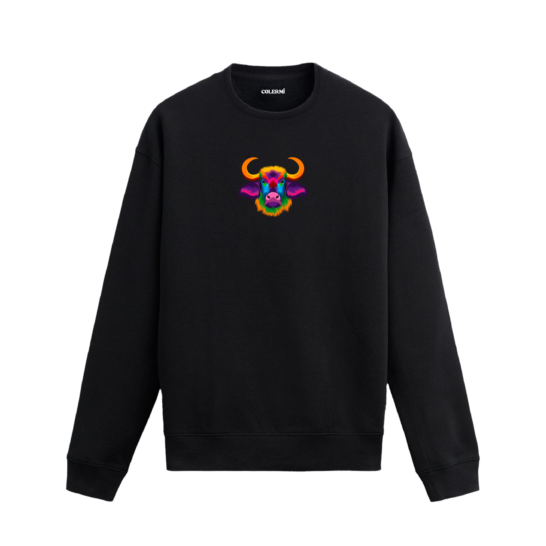 Siyah sweatshirt üzerinde renkli boğa başı baskısı