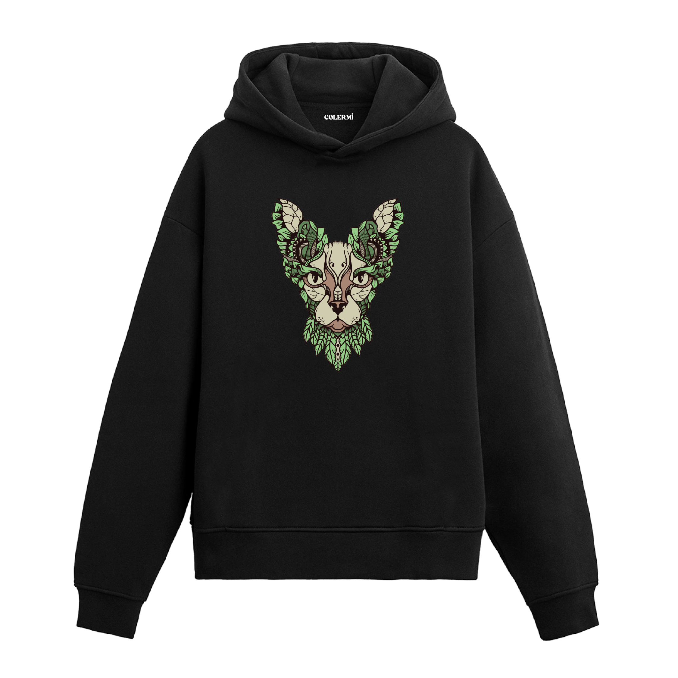 Yaprak motifli kedi yüzü baskılı siyah Colermi hoodie