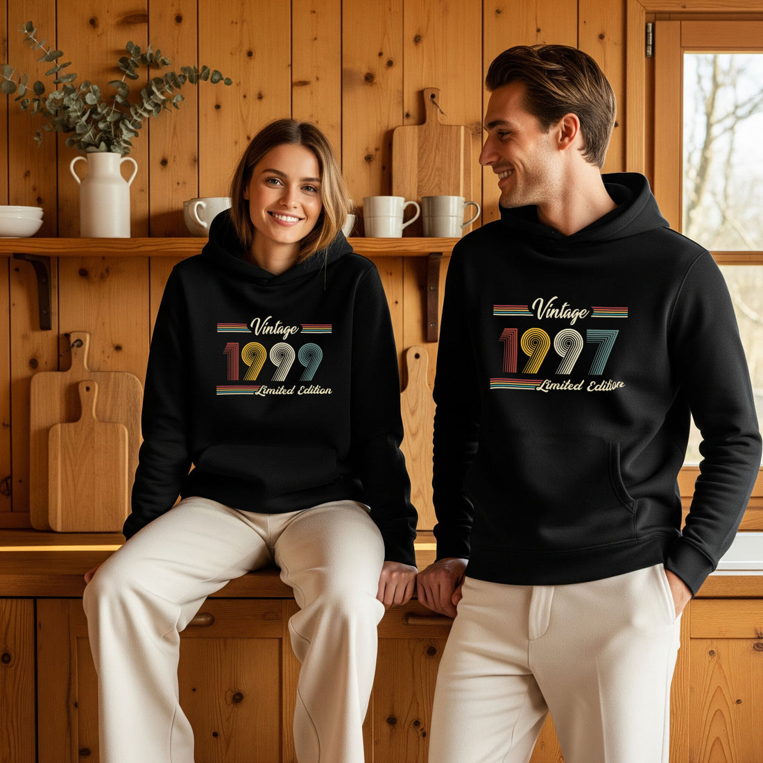 Colermi Klasik Vintage Hoodie koleksiyonundan 1992 ve 1997 baskılı unisex kapüşonlu modelleri sergileyen iki model.