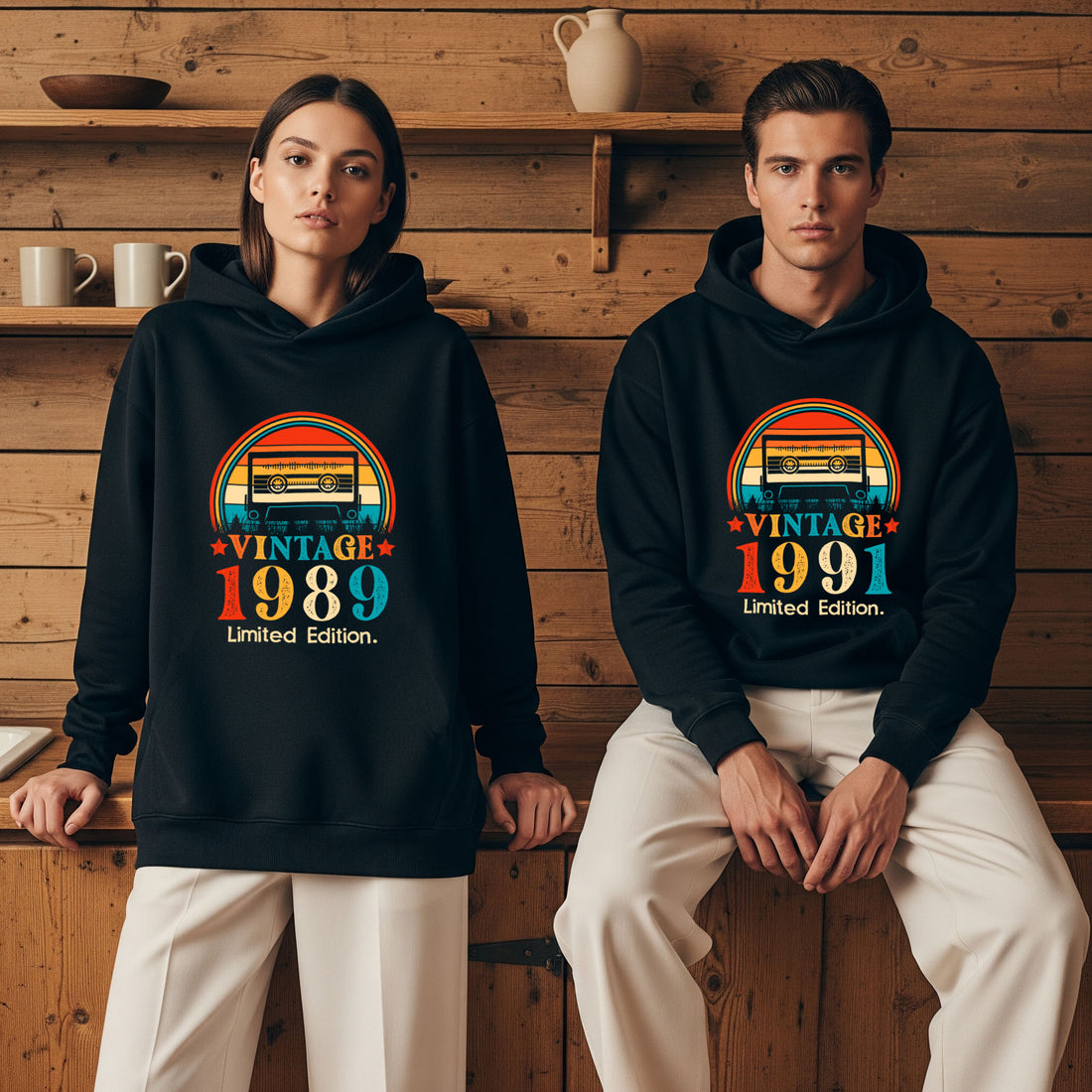 Colermi Mixtape Vintage Hoodie koleksiyonundan 1989 ve 1991 baskılı kaset tasarımlı unisex kapüşonlu modelleri sergileyen iki model.