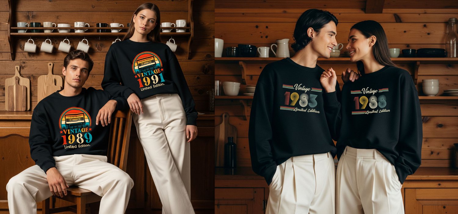 Colermi Vintage koleksiyon banner görseli; 1989, 1991, 1983 ve 1988 baskılı unisex sweatshirt modellerini sergileyen dört model.