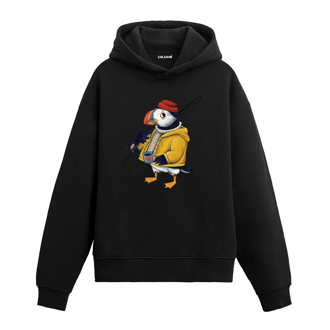 Sarı yağmurluk giyen, elinde kahve ve olta tutan deniz papağanı figürlü Colermi hoodie.