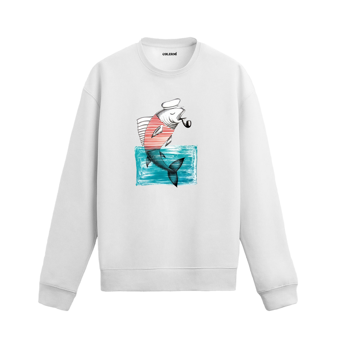 Kaptan şapkalı, çizgili tişörtlü ve pipo içen balık baskılı Colermi sweatshirt.