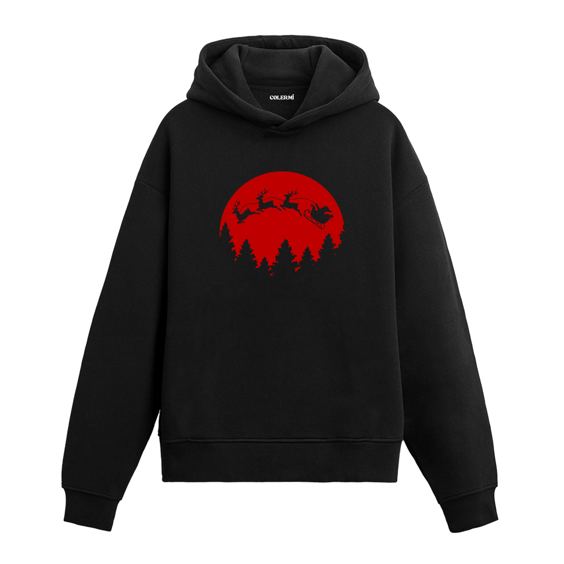Siyah hoodie, kırmızı ay ve geyik kızağı baskısı, pamuklu unisex hoodie