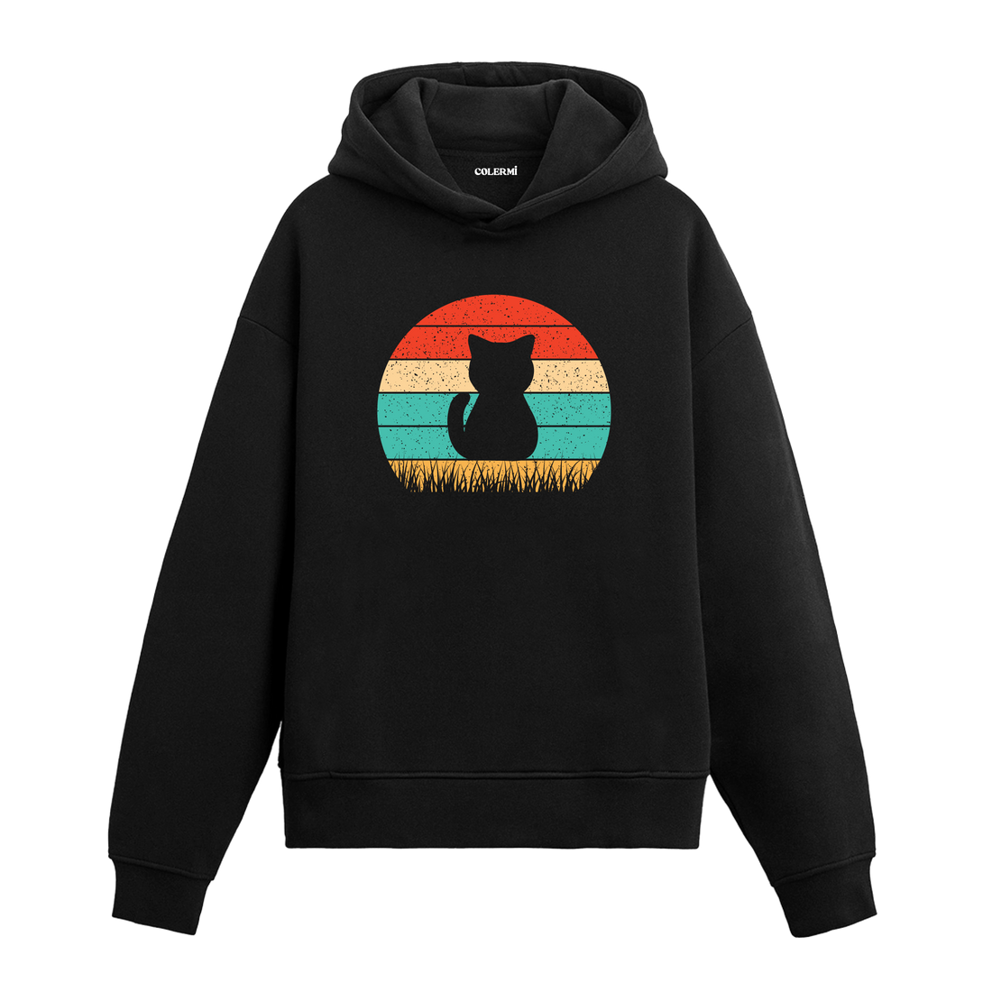 Retro günbatımı dairesinde çim üstünde oturan kedi baskılı siyah hoodie