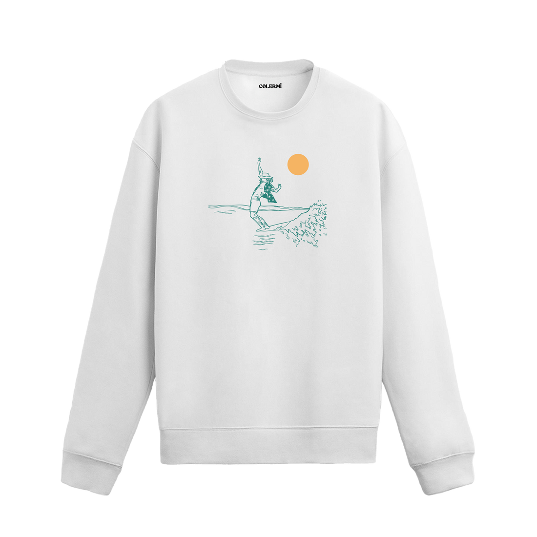 Güneş altında dalgaların üzerinde süzülen sörfçü figürlü sweatshirt tasarımı.