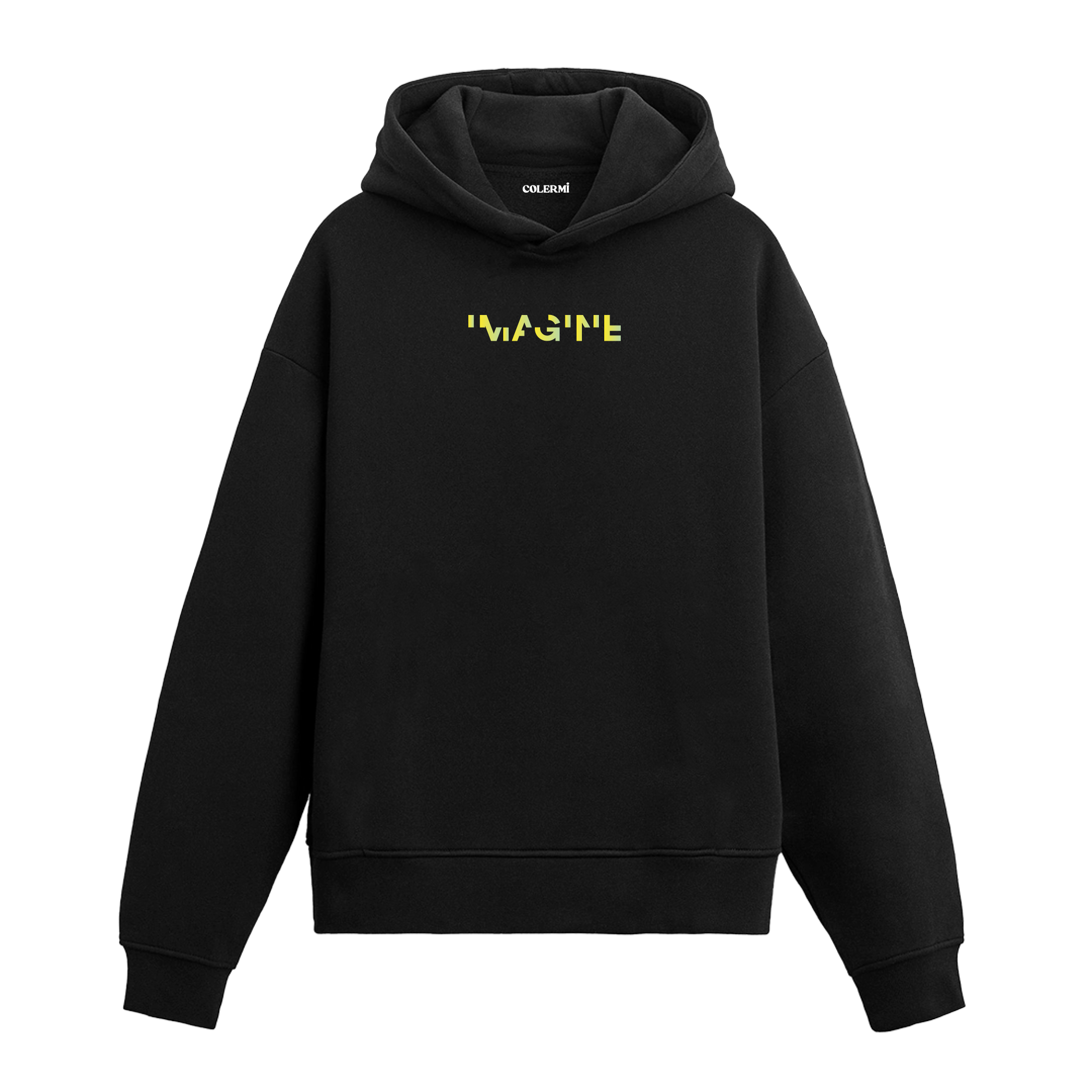Siyah hoodie üzerinde sarı Imagine yazısı baskısı