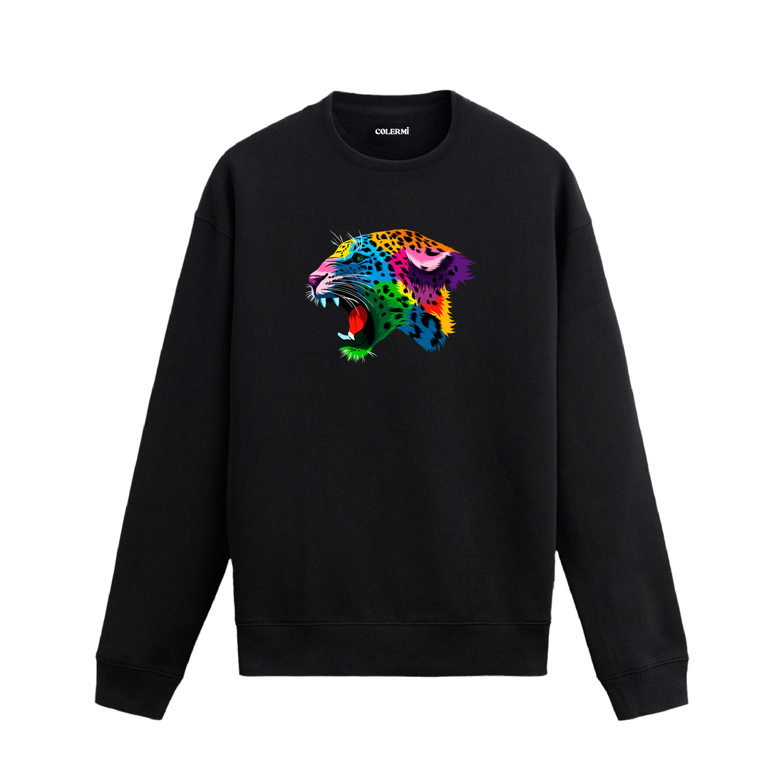 Siyah sweatshirt üzerinde renkli jaguar başı baskısı