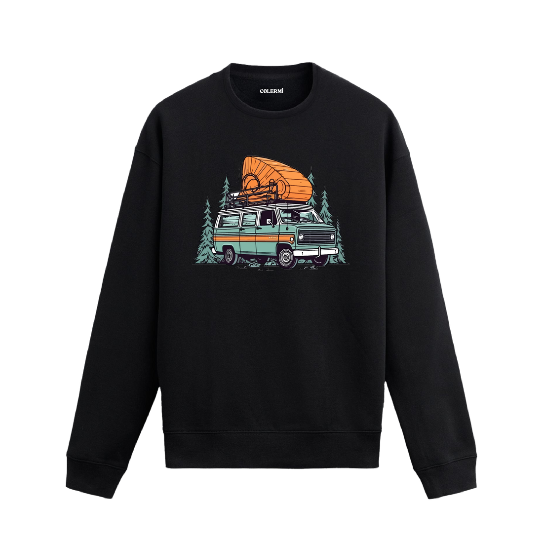 Orman fonunda karavan, bisiklet ve kano tasarımlı siyah sweatshirt.