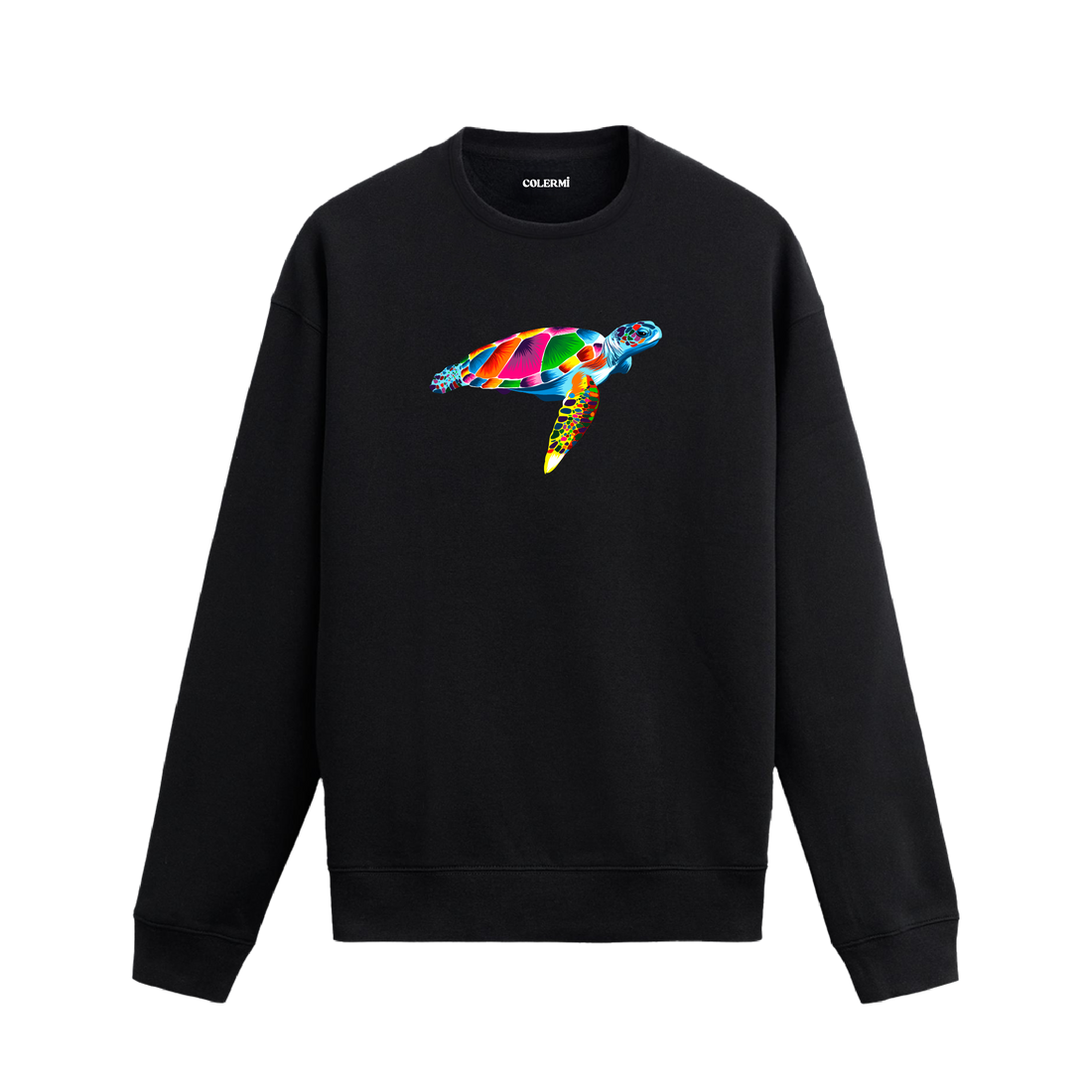 Siyah sweatshirt üzerinde rengarenk kaplumbağa tasarımı.