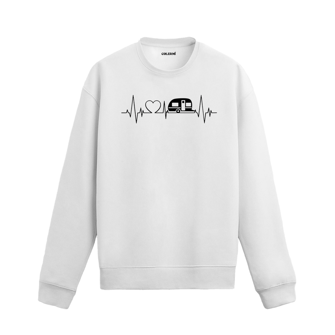 Kalp sembolü ve karavan figürüyle EKG çizgisine entegre edilmiş Colermi sweatshirt.