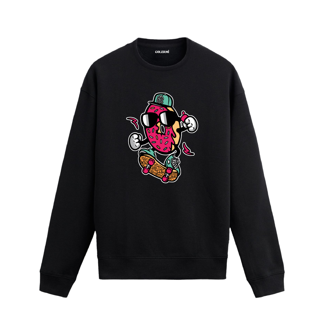 Siyah sweatshirt üzerinde kaykay yapan donut karakter tasarımı