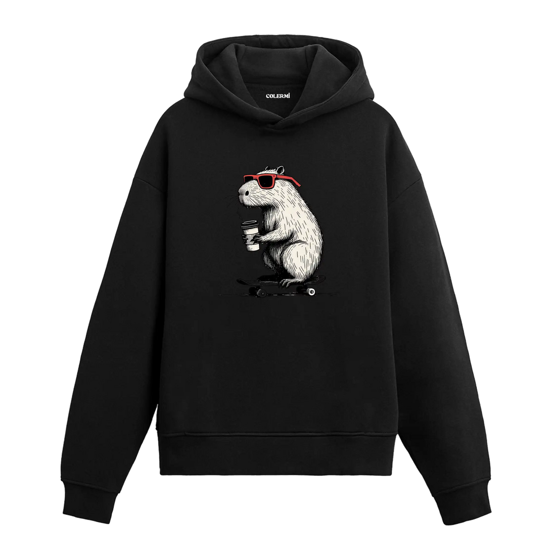 Kırmızı gözlüklü, elinde kahveyle kaykay üstünde duran kapibara figürlü Colermi hoodie.