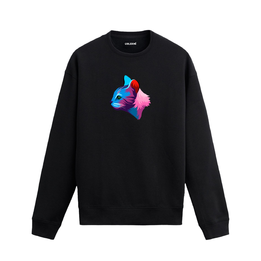 Siyah sweatshirt üzerinde yan profilden bakışlı renkli kedi tasarımı.