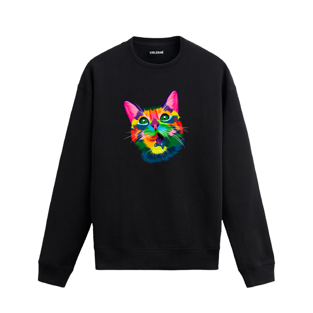 Siyah sweatshirt üzerinde renkli kedi tasarımı.