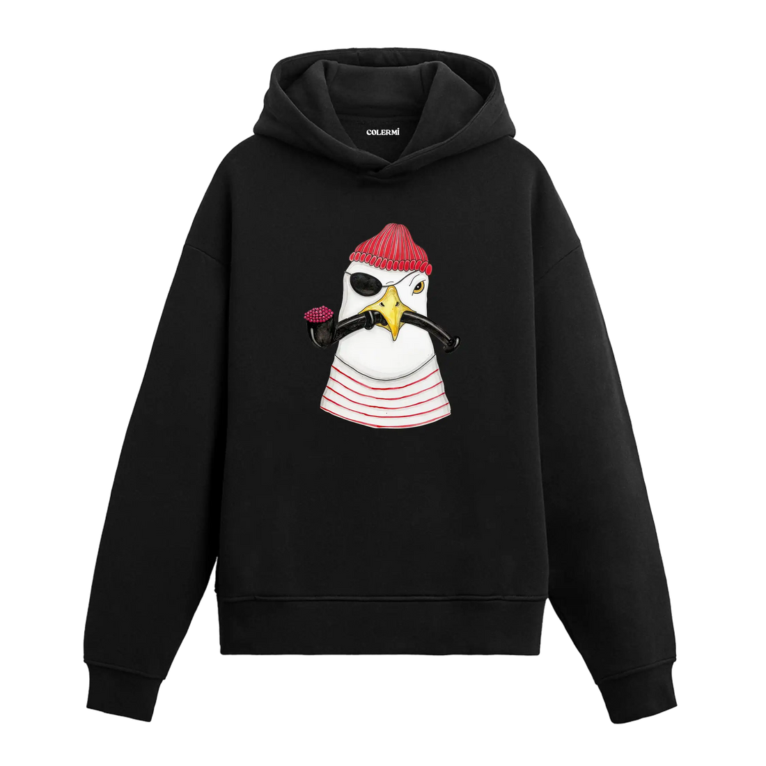 Göz bandı, kırmızı bere ve pipo takan korsan martı figürlü Colermi hoodie.