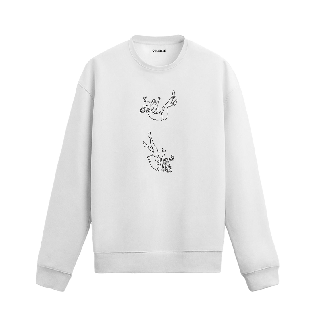 Uzayda süzülen kadın ve erkek figürü, gezegenlerle çevrili sweatshirt tasarımı.