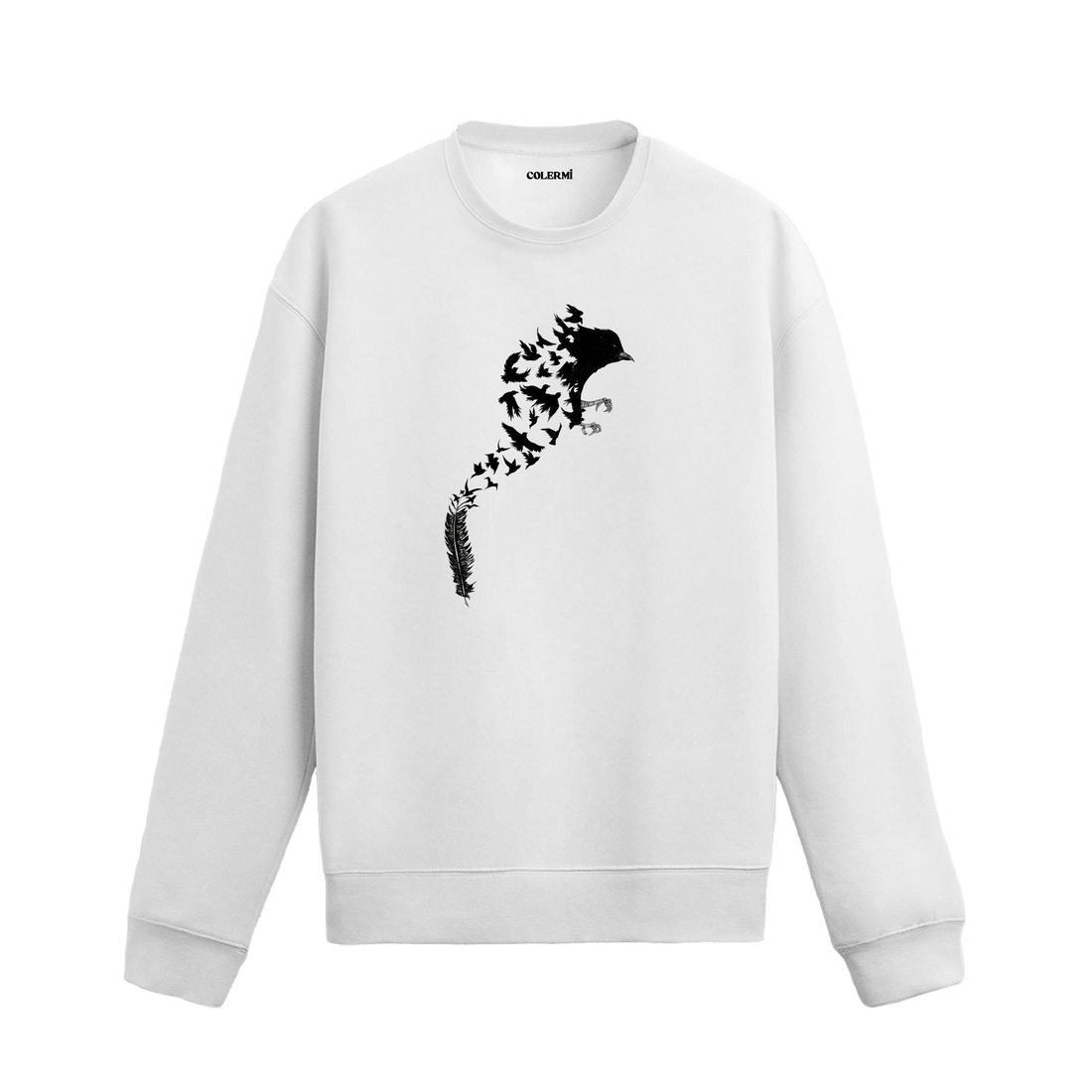 Bir tüyden yükselerek birleşen küçük kuşların oluşturduğu büyük kuş figürü tasarımlı Colermi sweatshirt.