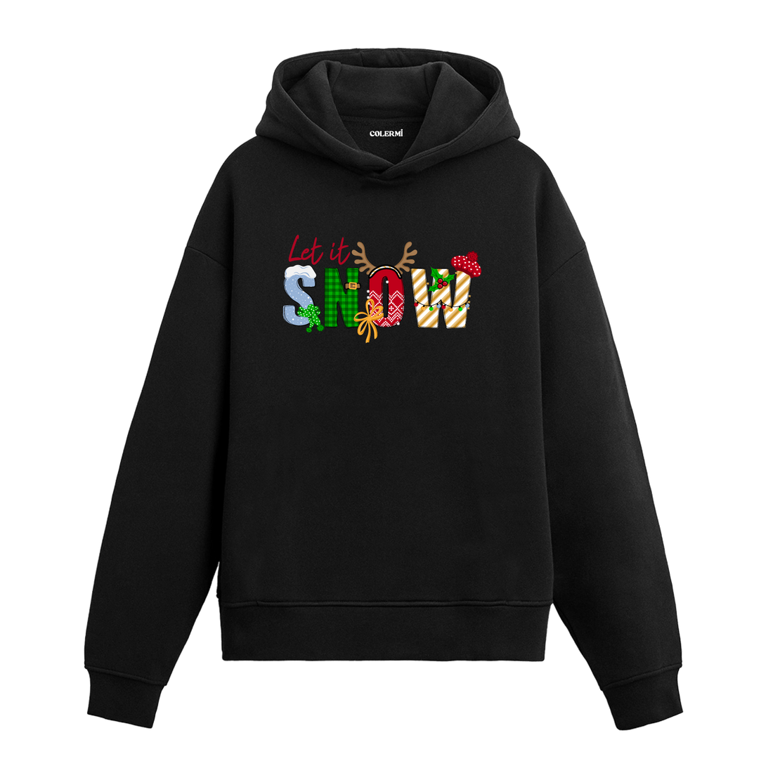 Siyah hoodie, Let it SNOW yazılı Noel temalı baskı geyik boynuzu ve şekerleme detaylı, pamuklu unisex hoodie