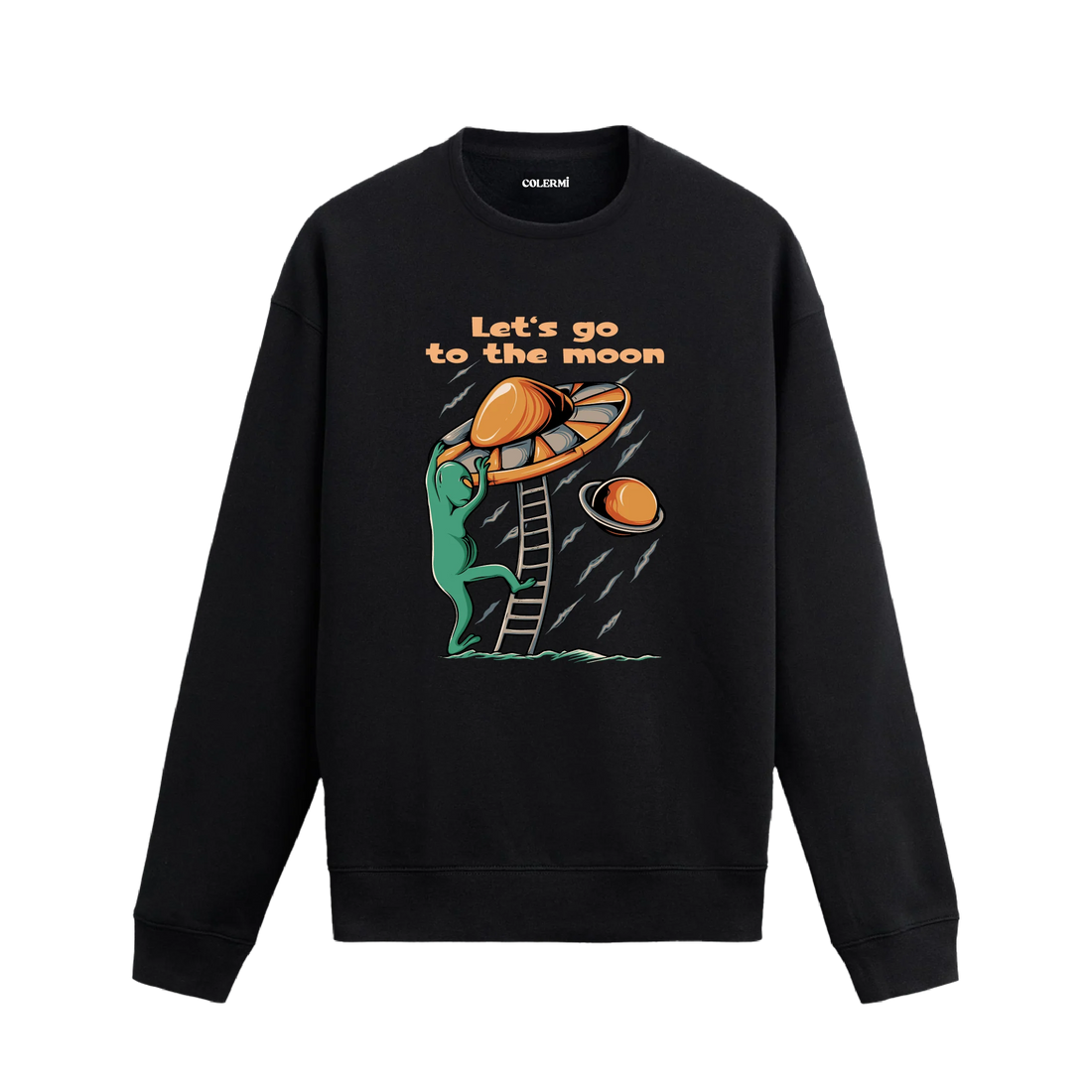 Merdivenle uzay gemisine çıkan uzaylı figürlü siyah sweatshirt