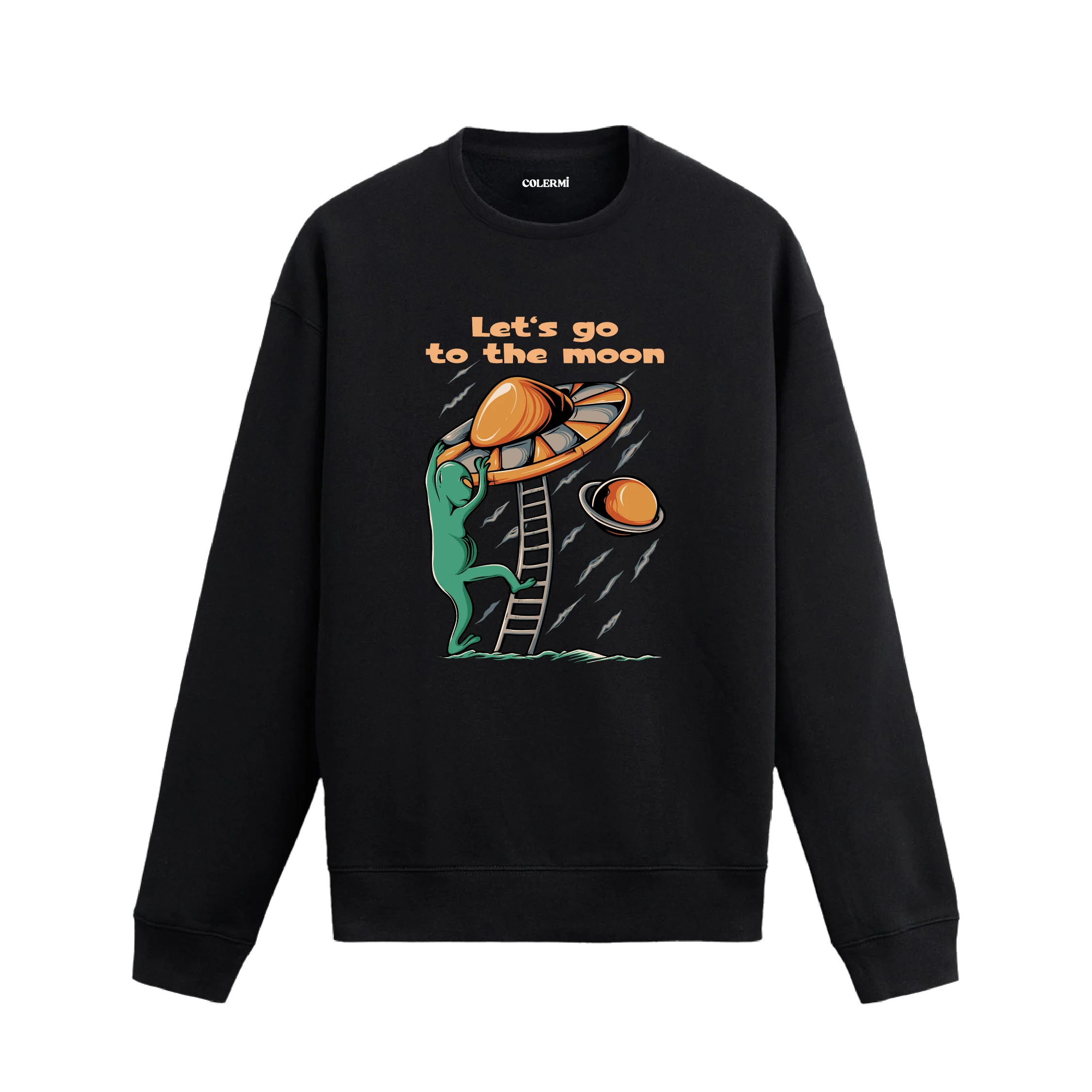 Merdivenle uzay gemisine çıkan uzaylı figürlü siyah sweatshirt