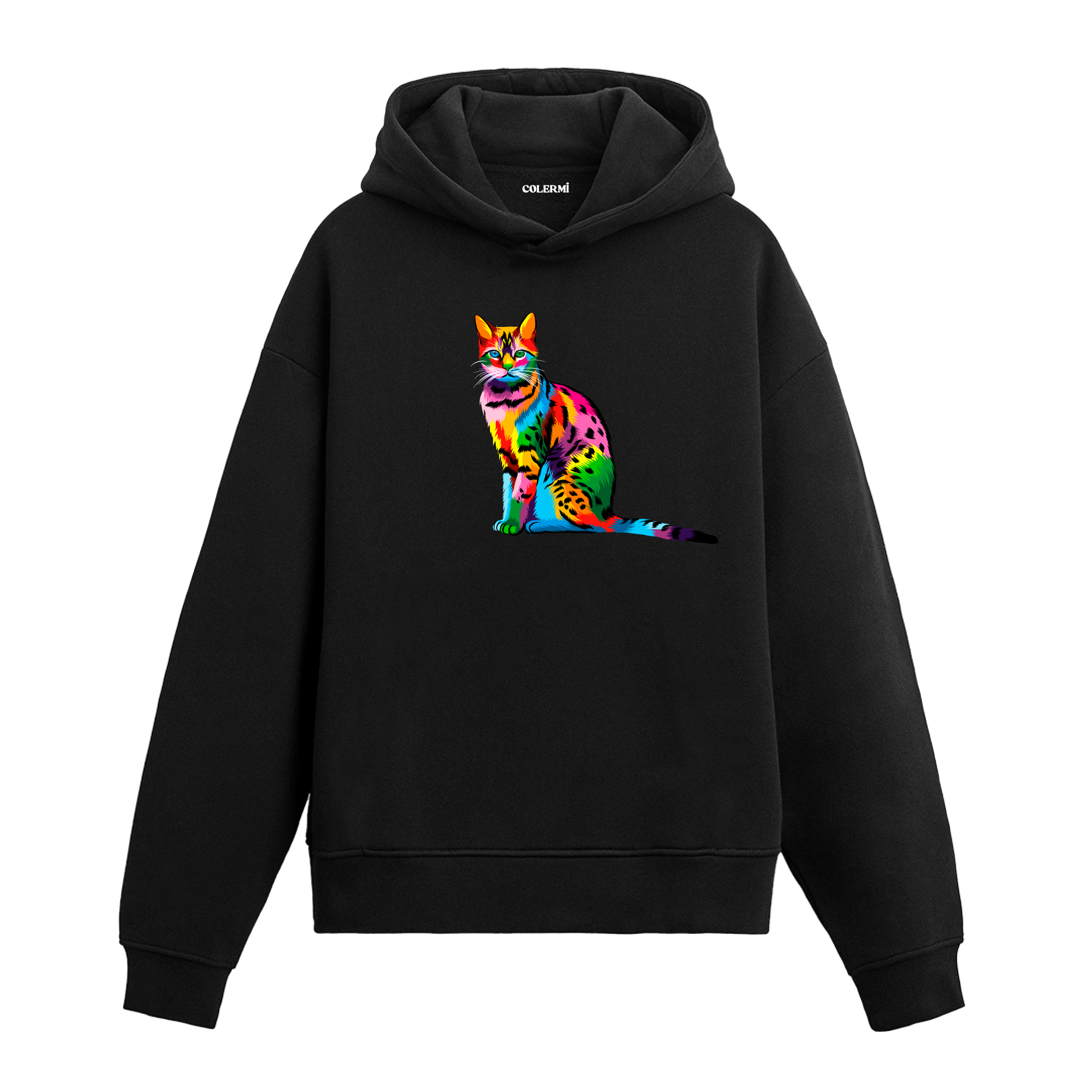 Siyah hoodie, Luna isimli renkli kedi baskısı, pamuklu unisex hoodie