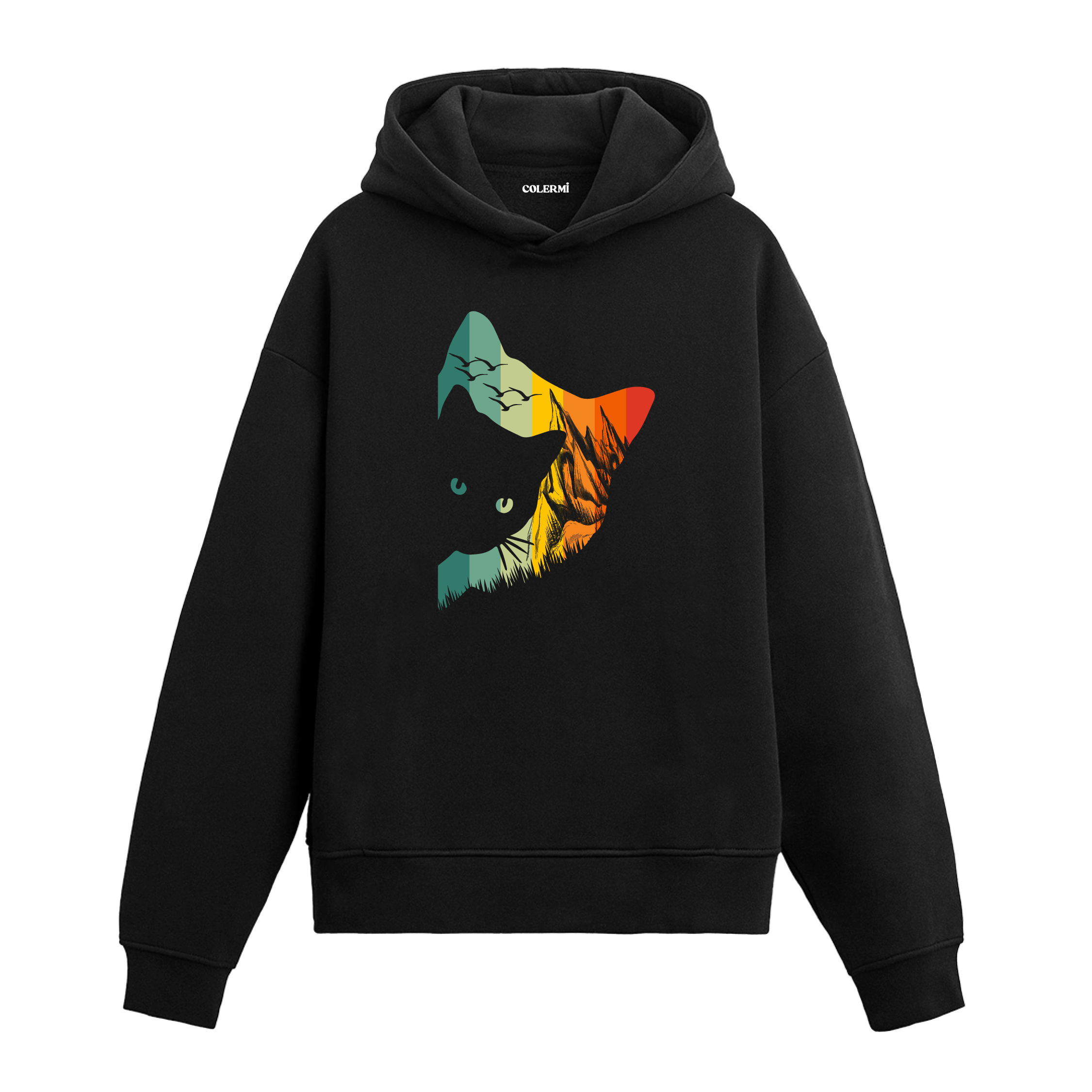 Günbatımı tonlarında manzara dolgulu kedi başı baskılı siyah hoodie