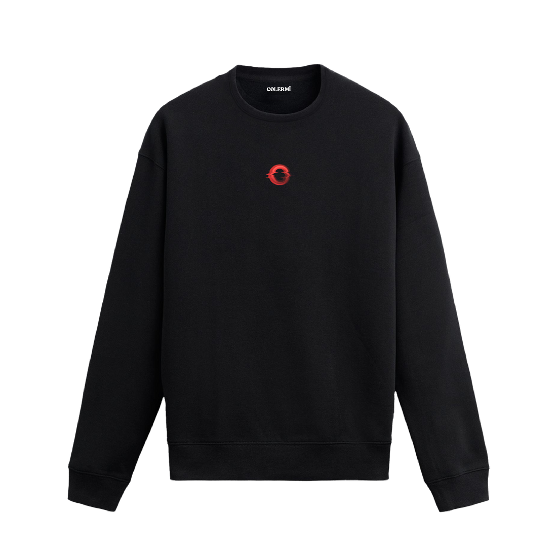 Siyah sweatshirt üzerinde kırmızı minimal daire tasarımı.