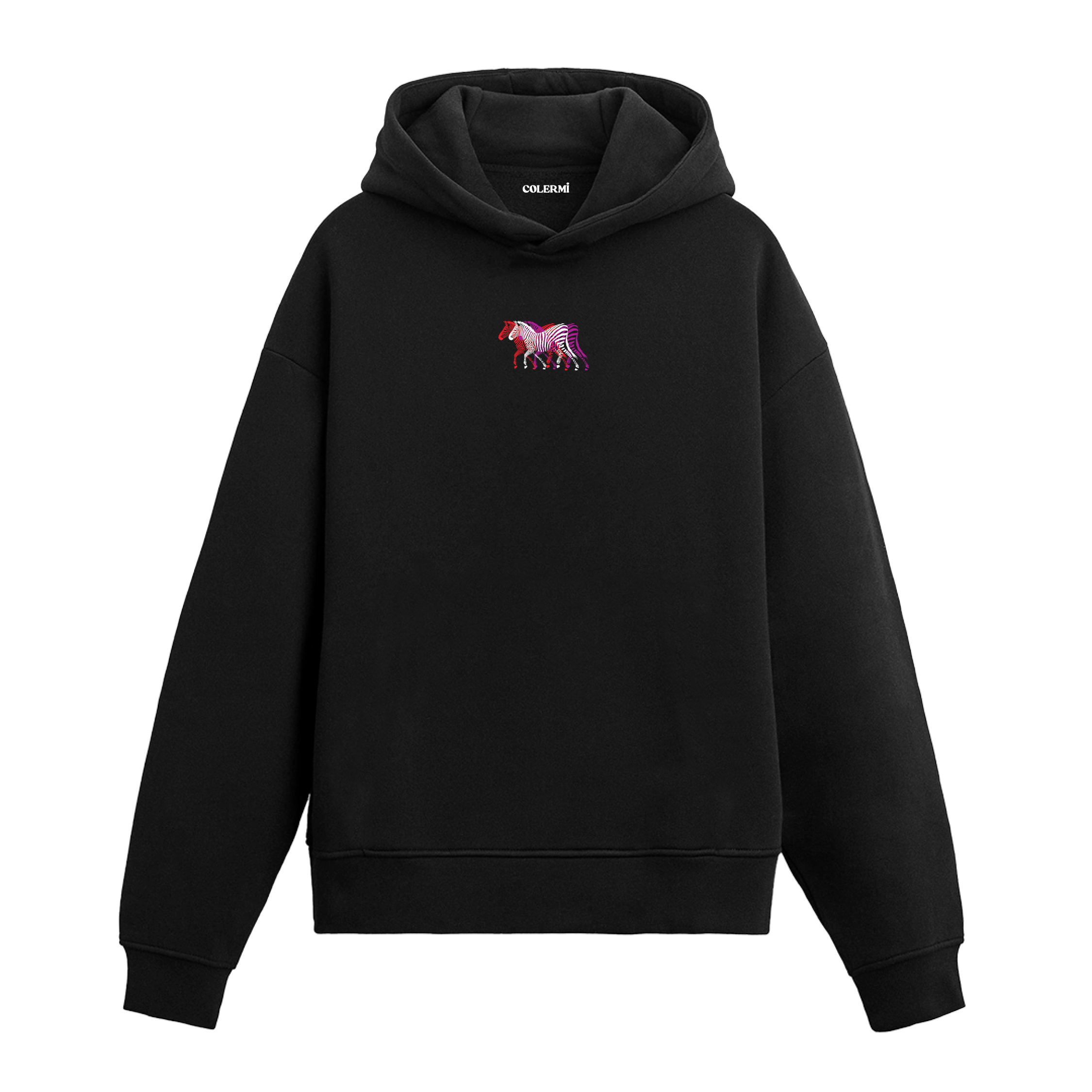 Siyah hoodie üzerinde renkli zebra baskısı