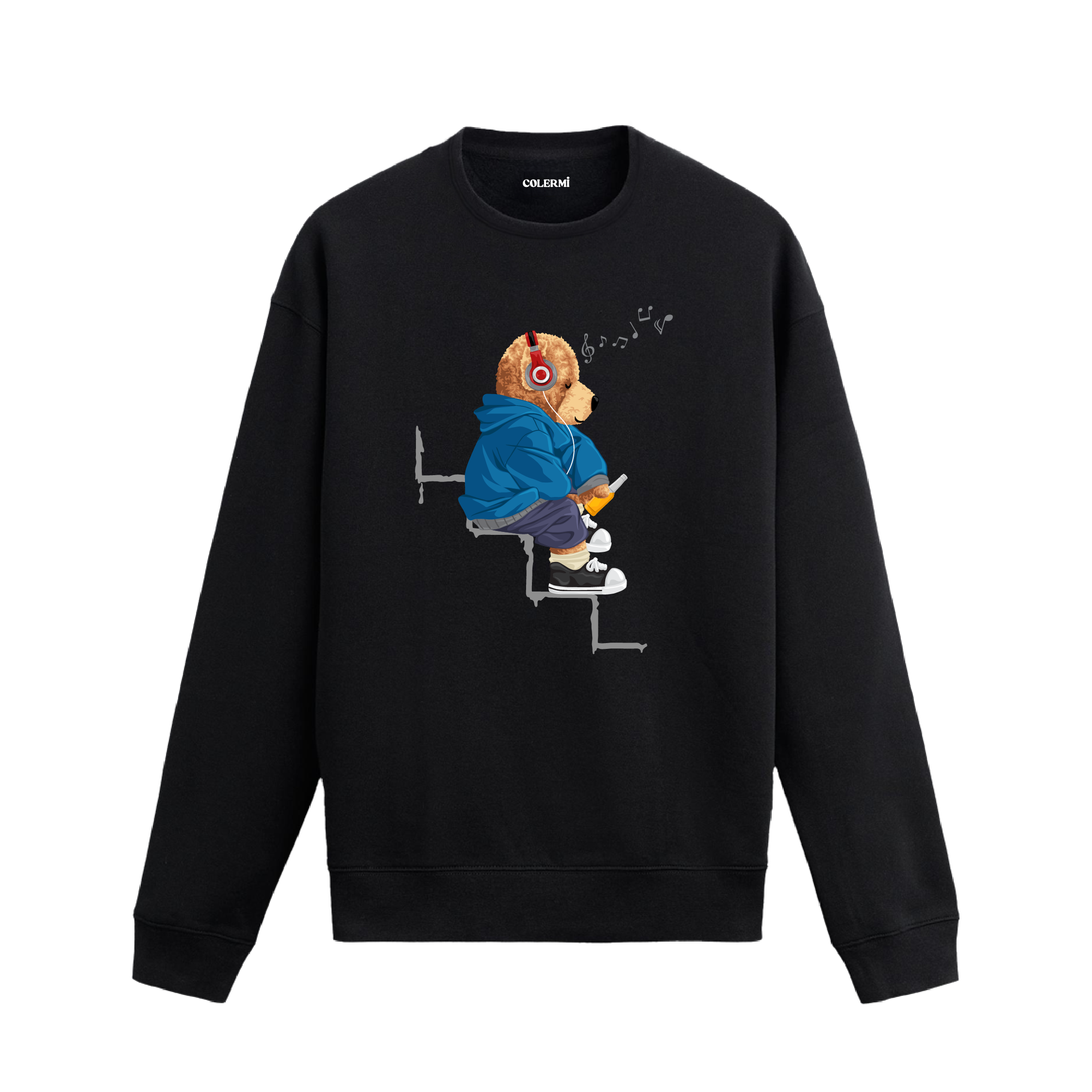 Ayıcık Baskılı Sweatshirt - Müzik Dinleyen Tasarım