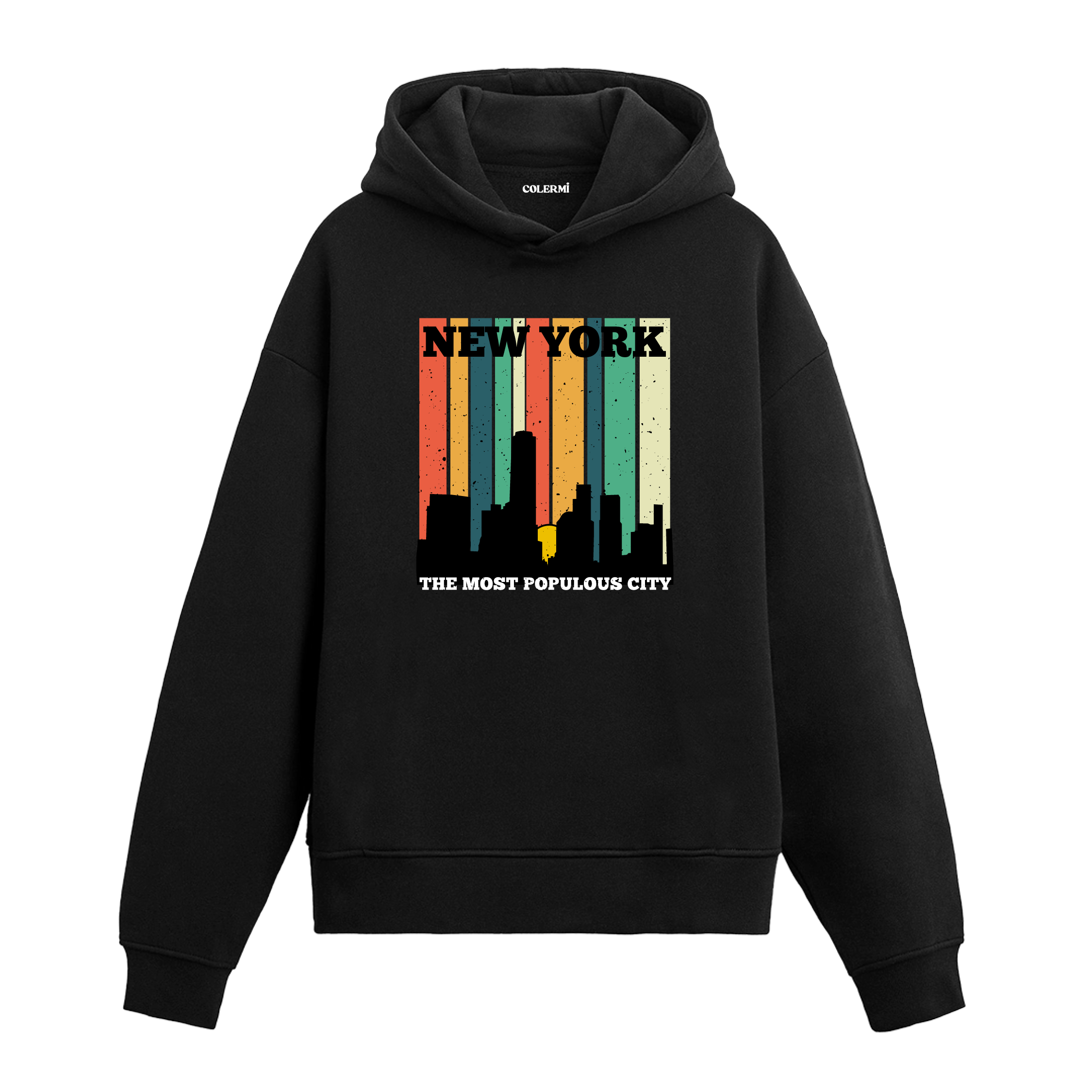 Siyah New York baskılı hoodie, şehir silüeti tasarım, %100 pamuk unisex hoodie