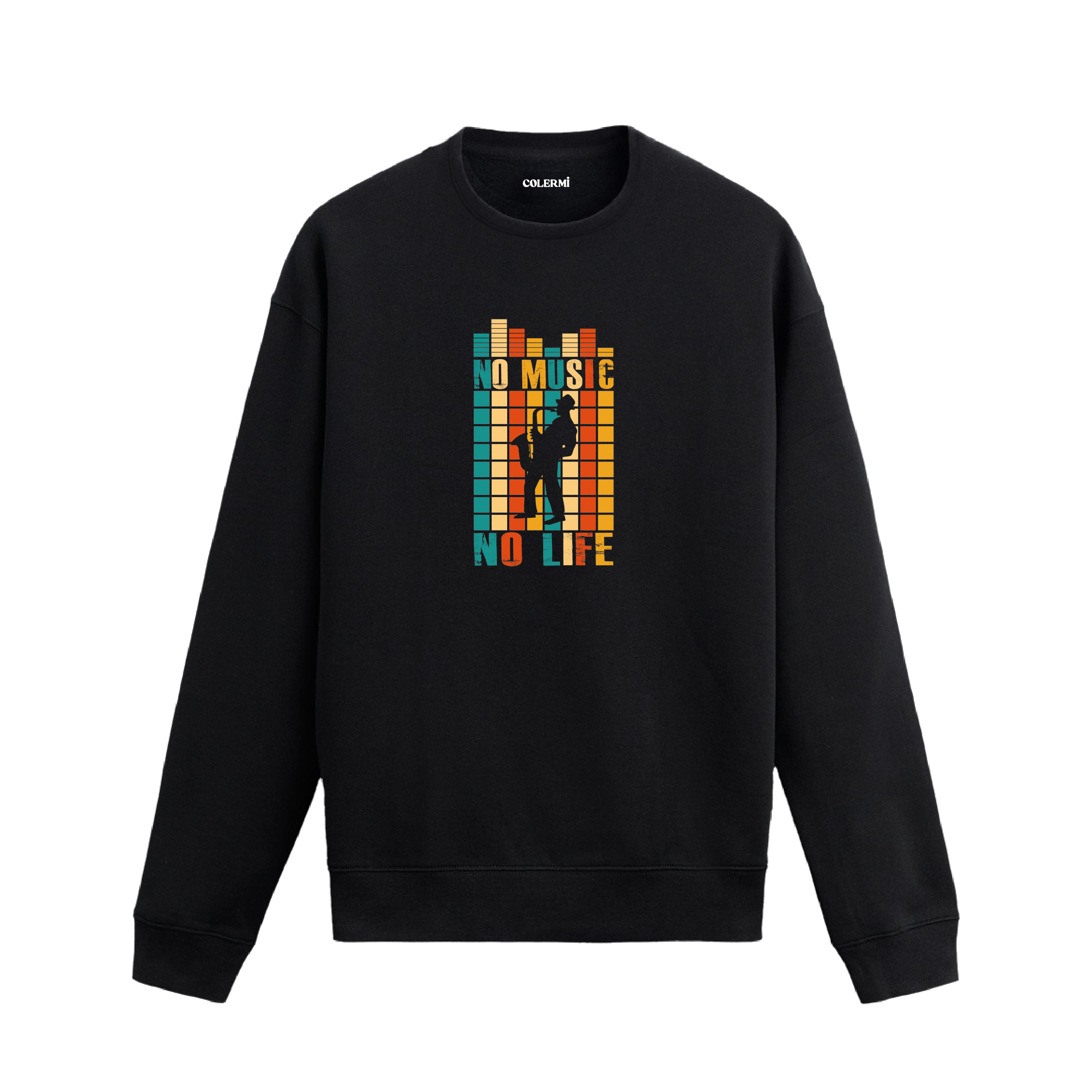 Ekolayzer desenli gitar siluetli No Music No Life Colermi sweatshirt