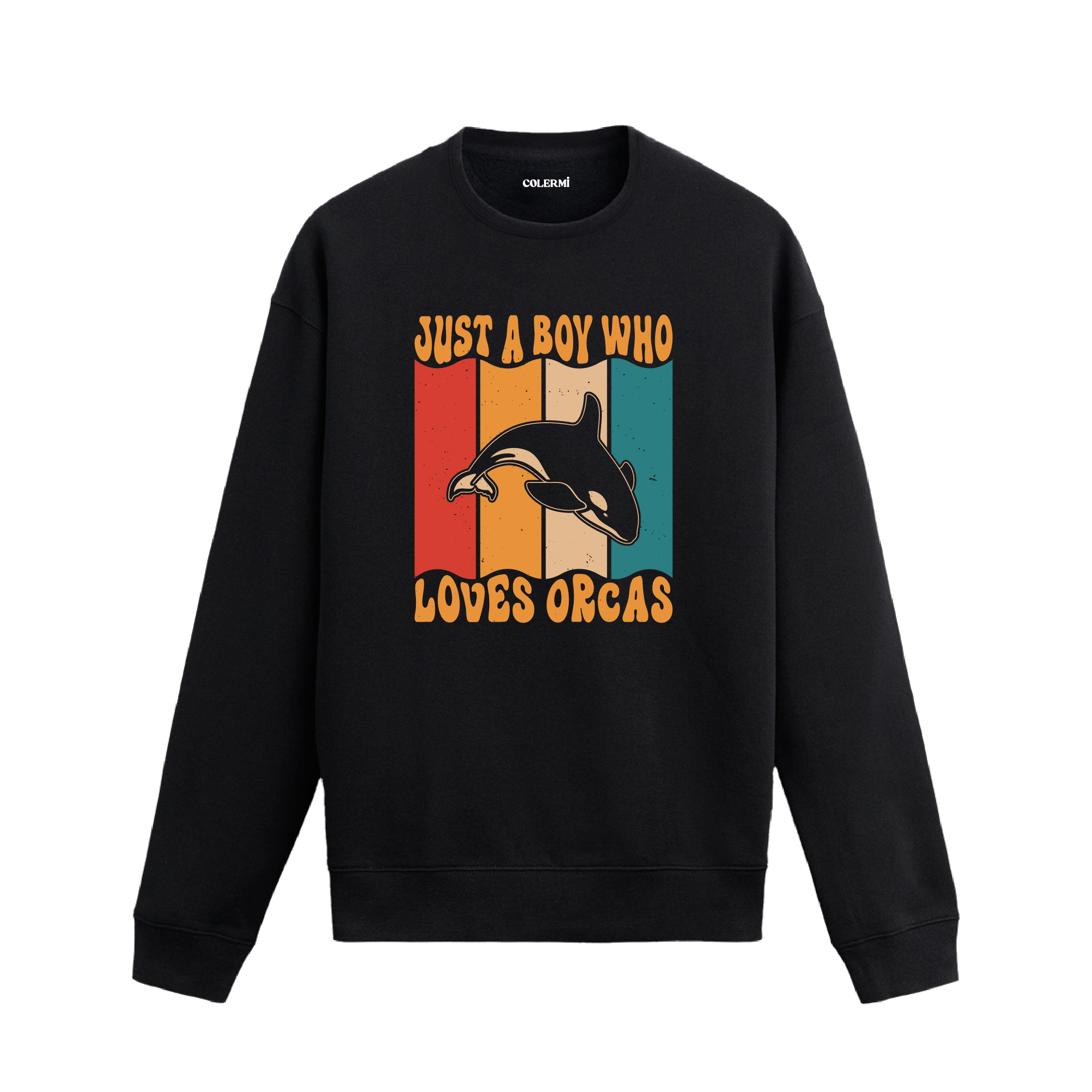 Siyah sweatshirt üzerinde retro tasarımlı orca balinası baskısı ve “Just a Boy Who Loves Orcas” yazısı