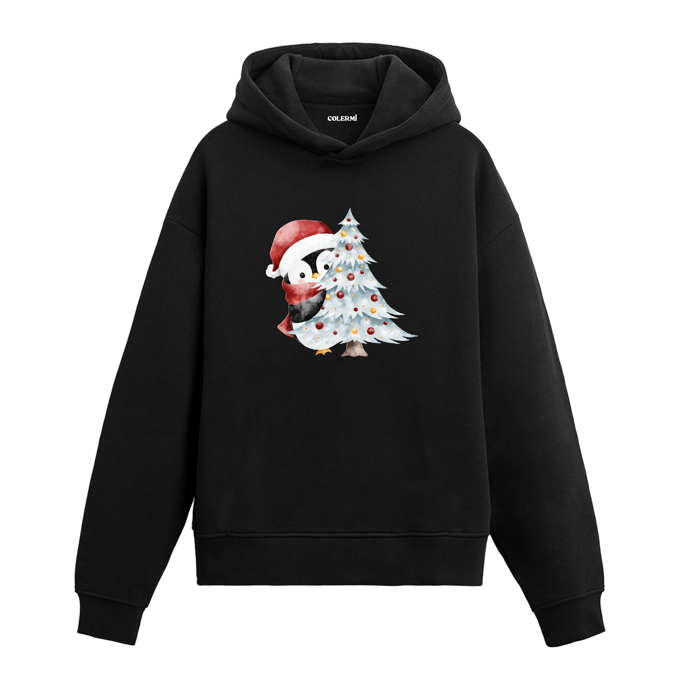 Siyah hoodie, Noel şapkalı penguen ve süslenmiş yılbaşı ağacı baskısı, pamuklu unisex hoodie